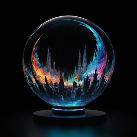 Imagine a captivating, futuristic artwork inspired by Android Jones, featuring a glass orb on a sleek tabletop. Inside the orb, dynamic flames dance in an ever-changing display, their colors more vivid than any natural fire. The black background is not merely empty space, but a canvas for subtle, ray-traced holographic projections that interact with the orb, creating an illusion of depth and movement. These projections might include floating geometric shapes or faint, galaxy-like swirls, adding a layer of cosmic mystery to the scene. The entire piece is a mesmerizing blend of holography and ray tracing technology, resulting in a visually stunning and mind-blowing work of art.