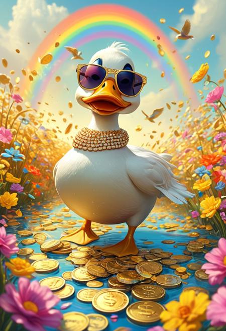 cartoon-style scene of a fabulously wealthy duck, vibrant field filled with fluttering dollar bills, wearing a lavish bling-bling gold chain, sunglasses, looking relaxed. Oversized coins, colorful flowers swaying in the breeze. Bright, sunny, with a rainbow arching overhead, adding to the whimsical and extravagant atmosphere of this rich duck's dreamland, lake of golden coins, falls of gold coins instead of water,
[style of greg rutkowski,janek sedlar,jenny saville:0]  <lora:vivid_everclear:0.35>  <lora:Sinozick:0.35>  <lora:MJ52:0.35>
