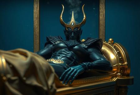 "Create a hyper-realistic, dynamic portrait of the Dark King of the Abyss, dressed in an X-men costume, lying on a gold sarcophagus with japanese collection details. Utilize cinematic lighting, particles, and cybermagnetosphere details. The image should be in portrait mode with a blue wall as the backdrop. Ensure long limbs, a large chest, and a face-forward position. The final piece should have a stunning, flawless completion, and lifelike texture. Rendering should be done using Unreal Engine 5 or Octane Render."