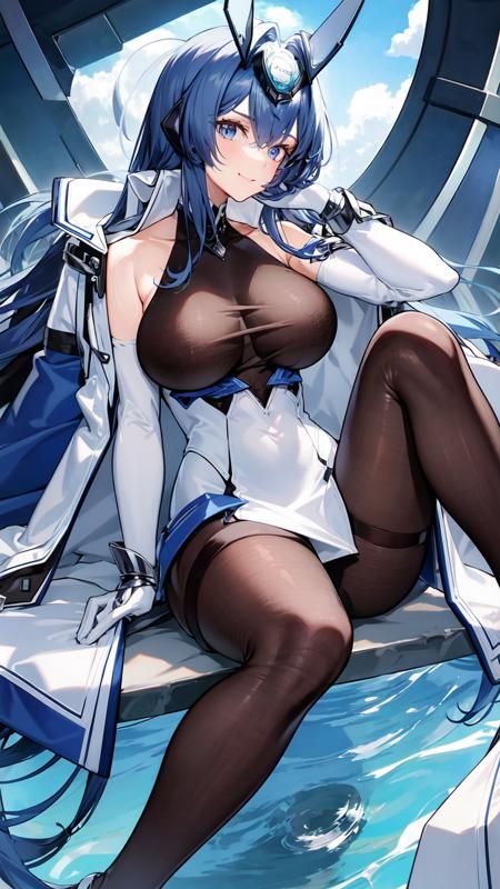 1girl, breasts, long hair, solo, gloves, very long hair, bodystocking, full body, white gloves, blue hair, coat, headgear, dress, coat on shoulders, pantyhose, high heels, white dress, bangs, sitting on chair, blue eyes, smile, white coat, elbow gloves, covered navel, open coat, hair between eyes,<lora:NewJerseyVRerun:0.8>, ussnewjersey, blue sky, sky background, clouds, water,