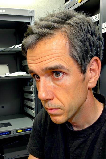 a man <lora:terryDavis:1>, short hair, RAW, UHD, 8K, looking at camera, in a glowing computer server room, gray tee shirt, candid, amateur, natural lighting, perfect day