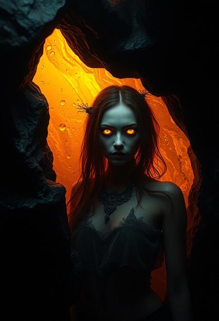 In the depths of the amber,a dark and mysterious world unfolds,where a surreal death woman with eyes of liquid gold wanders,lost in the amber's enigmatic dreamscape surrealistic,