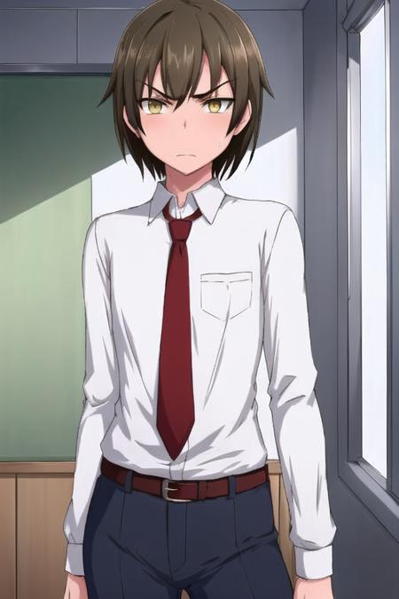 masterpiece, best quality, detailed face,  detailed eyes, <lora:HUDamian:0.5>, HUDamian, 1boy, dress shirt, necktie, office, school, indoors, brown hair, yellow eyes, flat chest, toned, pants, standing, contrapposto, angry,