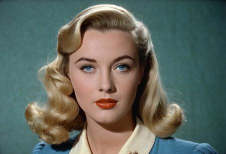 1940s vintage retro, clio DCU, blonde hair, blue-eyed, perfect photo, highly detailed, best quality, fine details, coherent face, full body shot, standing, technicolor film still screencap, kodachrome photograph