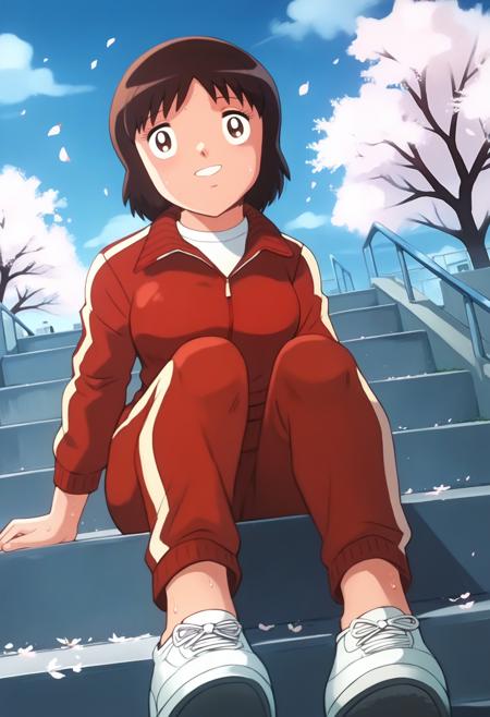 CPTTSanae, brown hair, brown eyes, short hair, white sailor collar, yellow neckerchief, red serafuku, red shirt, red skirt, white kneehighs, black shoes, red sailor collar, yellow neckerchief, white serafuku, red skirt, white kneehighs, black shoes, red jacket, track jacket, track suit, track pants, white sneakers, light blue shirt, short sleeves, white pants,