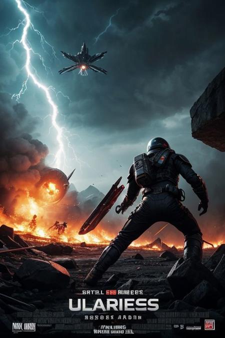 score_9, score_8_up, score_7_up, ultrarealistic movie poster, title of the film occupies a central place, bright glow emanating from behind. an intense battle scene unfolds in background, explosions, alien spacecraft, heroes bravely fighting against the invader, Flames and lightning illuminate the poster creating an atmosphere of tension and danger, <lora:more_details:0.5>