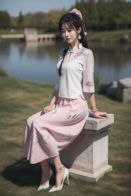 ltra-detailed,highly detailed,best quality,masterpiece,illustration,realistic,
mgftangzhuang, 1girl, solo, 
chinese clothes,shirt,hair ribbon,short sleeves, see-through sleeves,  long skirt, see-through, high heels, bracelet,
pink shirt, print clothes,
hair ornament,  jewelry,  earrings, 
sitting, full body, arms at sides,tying hair, looking at viewer, 
photo background, outdoors,riverbank,river, flower, grass, day,  depth of field, wind,
long hair, ponytail, bangs,
 <lora:mgftangzhuang_v1_03:0.7>