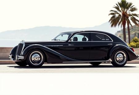 Luxury, elegant four-door sedan car with smooth lines, large wheels, distinctive front grille, and sleek retrofuturistic body design in side view, elongated body profile, prominent wheel arches in the style of the 30s of the 20th century, аrched roof line. On the French riviera.