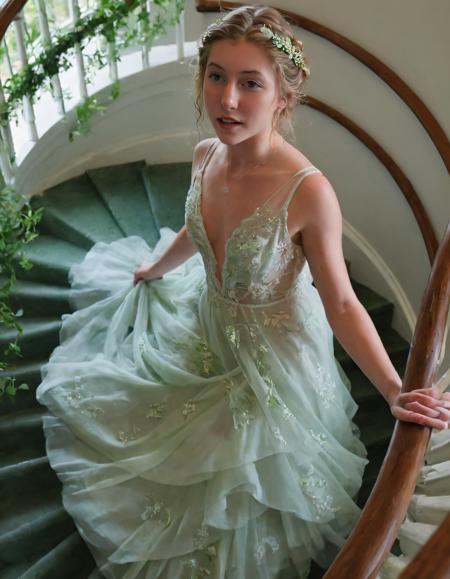 As Kamryn Renae descends the spiral staircase entwined with vibrant lush greenery, her ethereal gown flowing harmoniously, she confidently assumes a pose of self-expression and gracefulness, revealing both her inner strength and elegance as the camera captures this enchanting moment from above. <lora:pnrzjr18f73573330pf1:1>