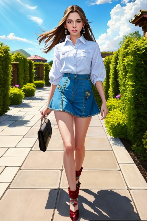 (KristenNobodySD15:0.8) beautiful young fashion model walking looking away shirt denim miniskirt flower garden bright ligh...