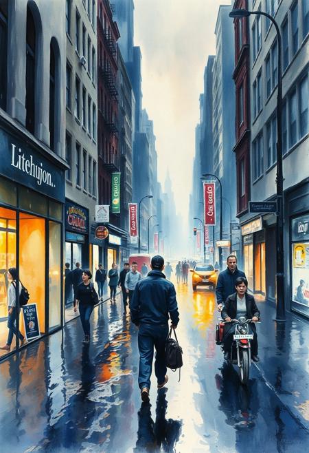 Imagine a captivating hyperrealistic watercolor painting of a bustling urban street during a rainy evening. The composition should blend the hyperdetailing of Roberto Bernardi’s reflections, the emotional intensity of David Kassan’s portraits, and the technical precision of Diego Fazio’s shading. Utilize techniques such as watercolor wash, ink splatter, and wax style to create a dynamic interplay of light and shadow. The wet streets should reflect the city lights in a stunning visual display, with the raindrops adding texture and depth. The overall aesthetic should be a perfect blend of photorealism and the fluidity of watercolor.