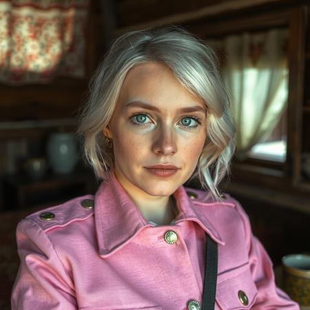 iphone 8 photo of Oksana Akinshina, silver blond hair, green eyes, wearing a pink military uniform, in an old slavic cabin, grainy footage, lots of freckles, serving an english breakfast