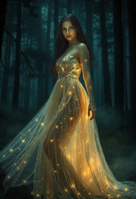 Fantasy portrait of a woman wearing a luminous, star-studded dress in a mystical forest at night. The dress should be long and flowy, with tiny lights embedded in the fabric, creating a magical effect. The forest should be dark and atmospheric, with tall trees and a hazy mist. The woman should have long, dark hair and a captivating gaze. Emphasize the contrast between the glowing dress and the dark forest.