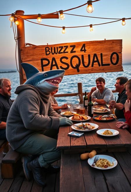 An Italianized humanoid shark named ‘Pasqualo,’ with a muscular body, gray shark-like skin, and sharp teeth, sits at a large wooden table on a seaside pier during sunset. He has black eyes, a prominent dorsal fin, and a friendly grin. Dressed in a rugged fisherman’s outfit, including a weathered wool sweater, rolled-up pants, and boots, Pasqualo blends seamlessly into the scene with his human fisherman friends. They laugh and chat around the table, their sun-baked skin and salt-worn clothes reflecting a life spent at sea.
The table is covered with rustic Italian seafood dishes: grilled fish, steaming bowls of pasta, crusty bread, and wine bottles. Half-filled glasses suggest recent toasts, and plates are scattered in a laid-back, festive atmosphere. Overhead, warm string lights cast a golden glow on the gathering.
In the background, a large wooden sign, slightly worn and hand-painted, reads ‘BUZZ 4 PASQUALO.’ It’s mounted on a weathered post with a couple of seagulls perched on top. The sea behind them is calm, with fishing boats gently rocking in the harbor. The setting captures the authentic feel of an old Italian coastal town, with Pasqualo smiling and enjoying the meal with his closest friends, blending the fantastical with the familiar and realistic