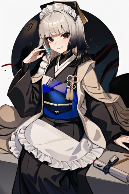 best quality, masterpiece, highres, solo, {maid:1.40}, {long maid dress:1.15}, {sen_no_rikyu_fgo:1.15}, bangs, blunt_bangs, hat, black_eyes, black_hair, medium_hair, gradient_hair, grey_hair, multicolored_hair, black_headwear, tassel, smile, small_breasts, breasts