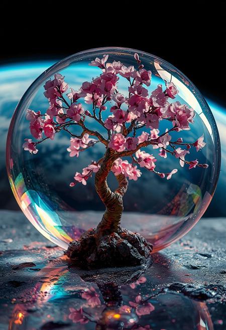 cherry blossom tree, completely transparent, reflective iridescent surface, glass art, colorful, translucent, Space, Lunar Surface, Cherry blossoms glow faintly, 
Earth in the background, 
Japanese art style, Japanese ink painting, 
best quality, sharp focus, high contrast, colorful, ultra quality, 8k, best quality,