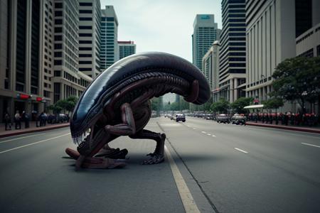 cinematic film still of  <lora:xenomorph style SD1.5:1>
Xenomorph,full body, side view, endoparasitoid extraterrestrial species,solo,open mouth,teeth,tongue,blurry,no humans,blurry background,fangs,sharp teeth,monster,realistic,alien , horror themed, dark themed, cinematic, film still, xenomorph style, shallow depth of field, vignette, highly detailed, high budget, bokeh, cinemascope, moody, epic, gorgeous, film grain, grainy, background KLCC, Malaysia Street,