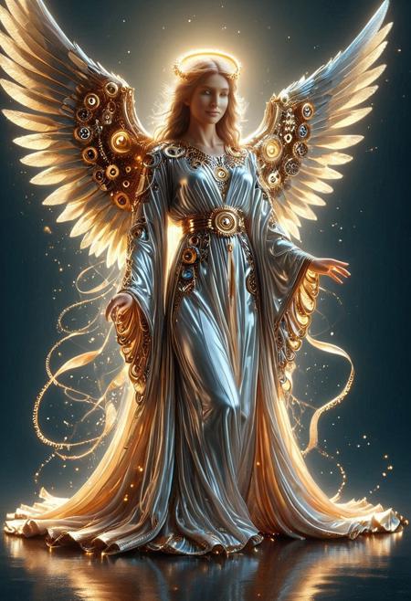 g3ars, best artist, best shadows, best lighting, best textures, masterpiece, 
Beautiful angel with majestic wings made out of gears, flowing silk robes, subtle shading, halo, surrounded by subtle glow, cosmic surreal, godrays, lensflare, 
magicNpolished, shiny, polished, reflection, glowing, light