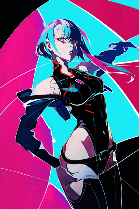 neon palette  <lora:neon_palette_offset:1>, lucy \(cyberpunk\), 1girl, asymmetrical bangs, black leotard, bodysuit, clothing cutout, cyberpunk, expressionless, grey hair, leotard, looking at viewer, multicolored eyes, off shoulder, open clothes, parted lips, pink liquid, short hair, sidelocks, sleeveless, sleeveless bodysuit, solo, standing, thigh cutout,  ((masterpiece))  <lora:lucy-000035:1>