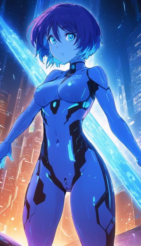 anime artwork Cinematic scene, hero view, Cortana, action pose, detailed background, masterpiece, best quality, high quality, highres, absurdres <lora:cortana_xl_v1:1> . anime style, key visual, vibrant, studio anime, highly detailed