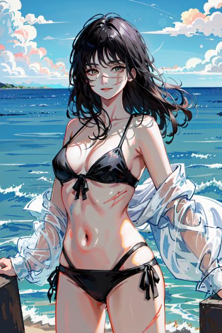 (masterpiece, best quality), illustration,  <lora:yoruchainsawmanv3:1>, yoru, 1girl, long hair, yellow eyes, scar on face, ringed eyes, black bikini, smile, looking at viewer, ocean