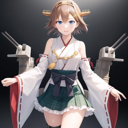 (masterpiece, best quality:1.2),illustration,8k,hd,1girl,solo,cowboy shot,hiei (kancolle),blue eyes,brown hair,detached sleeves,flipped hair,frilled skirt,frills,green skirt,hairband,headgear,japanese clothes,plaid,plaid skirt,ribbon-trimmed sleeves,ribbon trim,short hair,skirt,<lora:Hiei(kan)>,