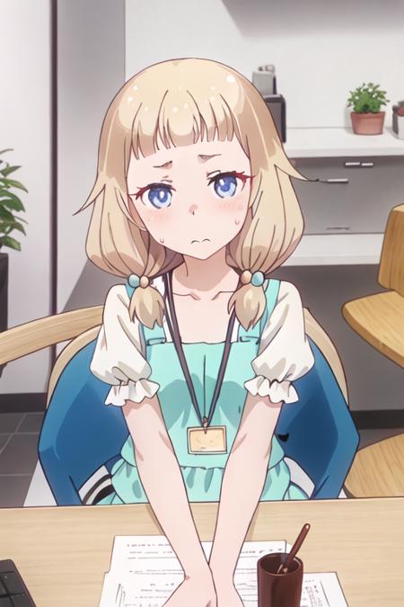 best quality, masterpiece, highres, solo, {sakura_nene_newgame:1.15}, blonde_hair, hair_ornament, hair_bobbles, twintails, blush, blue_eyes, bangs, closed_mouth, low_twintails, 1girl, collarbone, puffy_short_sleeves, puffy_sleeves, shirt, short_sleeves, sweatdrop, upper_body, indoors, striped, blunt_bangs, chair, sitting