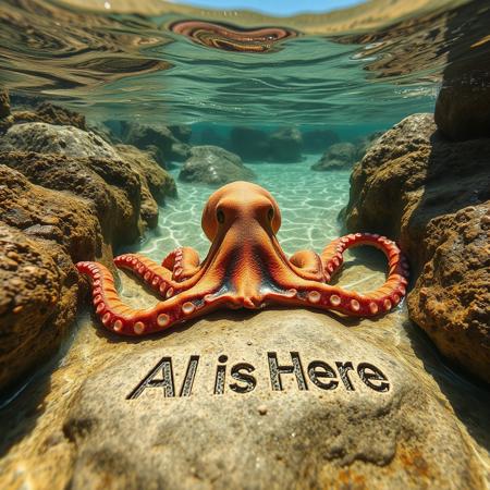 a very detailed close picture of an octopus on a beach half in the water between rocks and water sea plants, sunny beach, "AI is Here" logo engraved  on rock under water
