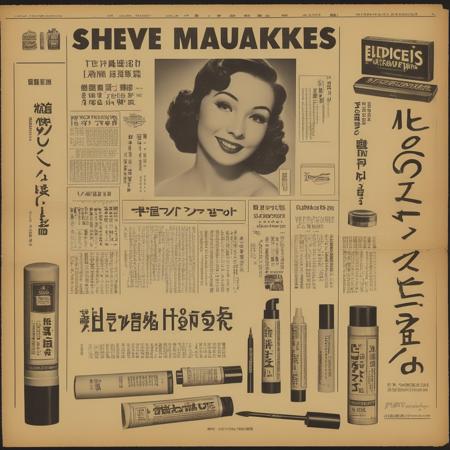 A photorealistic representation of an aged newspaper laid flat on a surface, perhaps a wooden table or a vintage background. The newspaper should have a distinct 'vintage' feel, with slightly yellowed pages and classic typography. Prominently displayed on the newspaper should be an advertisement for makeup products. The ad should feature retro-style images of various makeup items like lipstick, eyeshadow, and mascara. The text in the ad should be in a vintage font, promoting the makeup products with phrases that evoke nostalgia or a sense of timelessness. The layout should be well-organized, capturing the viewer's attention towards the makeup products. The lighting should be soft but sufficient to highlight the details of the newspaper and the advertisement, <lora:oldjpnews:0.6>