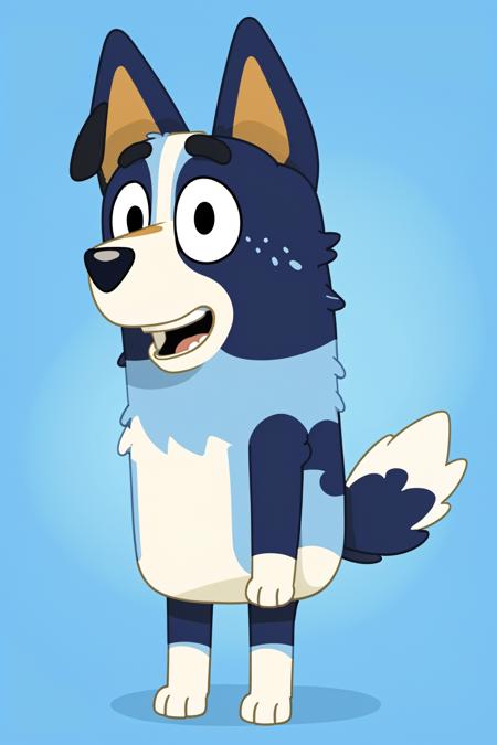 Bluey Style,  Bluey Irwin Chibi,  blue heeler,  blue fur,  solo,  looking at viewer,  smile,  open mouth,  simple background,  1boy,  animal ears,  standing,  tail,  full body,  male focus,  black eyes,  arms up,  blue background,  happy,  outstretched arms,  furry,  furry male,  body fur,  animal nose,  two-tone fur,  blue fur, <lora:EMS-20826-EMS:1.000000>