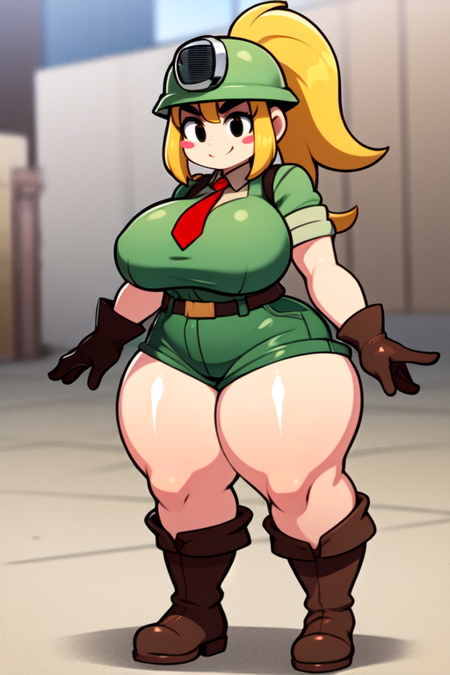 Goombella, mining helmet, blonde hair, ponytail, blush stickers, black eyes, thick eyebrows, short jumpsuit, red tie, short sleeves, brown gloves, zettai ryouiki, wide hips, side locks, brown boots, thick thighs, shortstack, short shorts, large breasts, smile