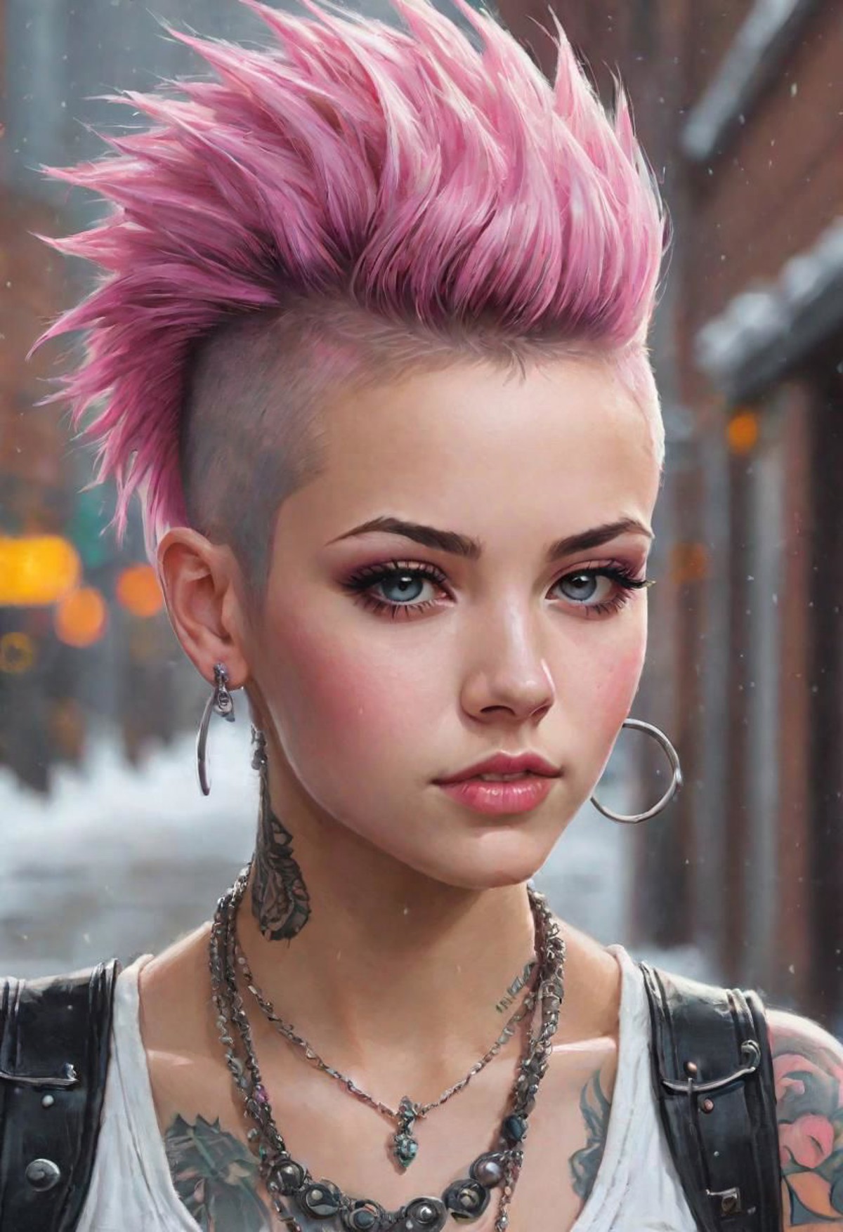 Portrait of punk girl with pink mohawk haircut, half-turn, pretty face, choker, photorealism, cute, pixel elaboration,high...