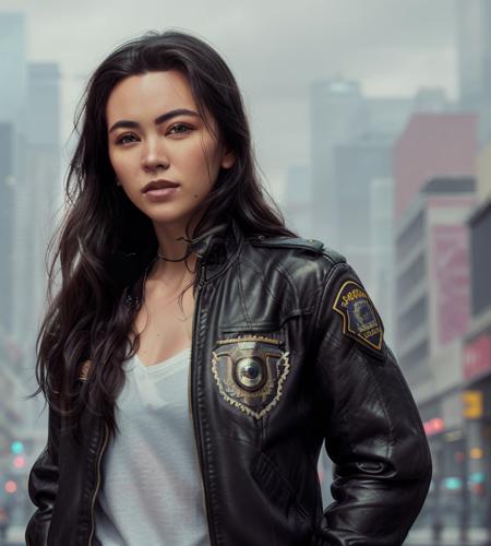 Portrait of jeshen  as a beautiful female model, in cyberpunk city at noon. She is wearing a leather jacket, black jeans, (police badge:1.2) 
 <lora:Jessica_Henwick:0.9>