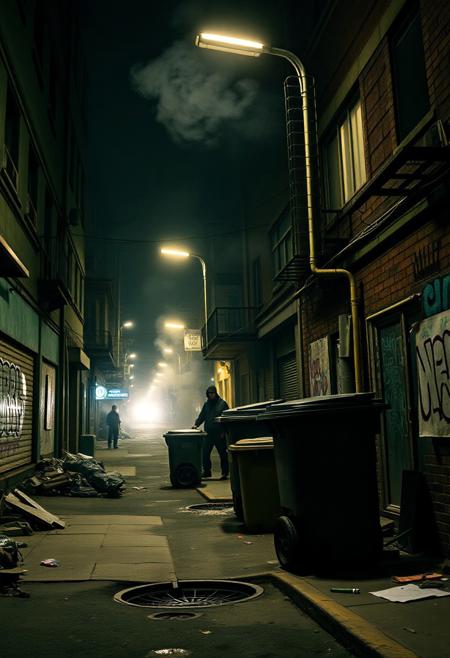 Urban street scene at night, chaotic city energy, dim streetlights flickering, graffiti-covered walls, overflowing trash bins, broken concrete, smoke rising from manholes, abandoned buildings, gang members lurking in shadows, tense atmosphere, danger in the air, inner-city ghetto vibes, raw and gritty, dirty back alleys, torn posters, street tags, crime-ridden environment, hostile energy, realistic cinematic lighting, hood culture, enemy territory