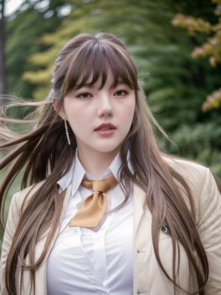 yerin in white shirt and jacket, necktie, long brown hair, hair bangs, half body, messy hair, wind

, hyper realistic lifelike texture dramatic lighting unrealengine trending on artstation,award winning photo,nikon RAW photo,8 k,Fujifilm XT3,masterpiece, best quality, realistic, photorealistic,ultra detailed,extremely detailed face,

 <lora:yerin-sd1.5-n30-e555-v1-000001:0.77>