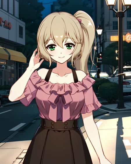 masterpiece, high quality, pmmmorikomagi, 1girl, green eyes, looking at viewer, blonde hair, side ponytail, long brown high skirt, brown straps, pink blouse, pink bowtie, medium shot, upper body outdoors, city, street, hands behind back, light smile, dynamic pose, <lora:pmmmorikomagi_v2-000007:0.75>