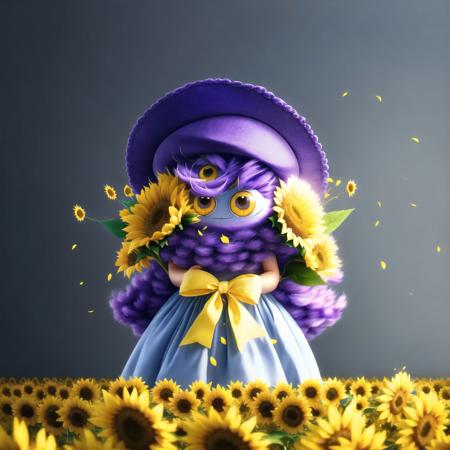 <lora:fluffers:1>,  monster, 

1girl, bare arms, blue ribbon, bouquet, bow, collarbone, dress, flower, grey dress, hat, hat bow, holding, holding bouquet, long dress, long hair, looking at viewer, purple bow, purple hair, ribbon, sleeveless, sleeveless dress, solo, standing, straight hair, straw hat, sun hat, sundress, sunflower, very long hair, yellow eyes, yellow flower, yellow headwear