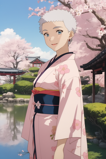 yayoi_schwael, blue eyes, grey hair, very short hair, short bangs, earrings, 1girl, solo, cowboy shot,, pink kimono, kimono with cherry blossom pattern, yellow obi, blue sky, white clouds, Japanese garden, standing, smiling,