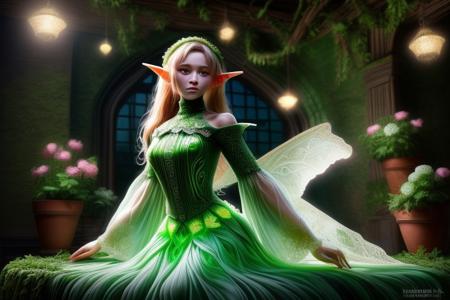 `masterpiece, best quality, highly detailed, ultra detailed, DonM3lv3s,  (photorealism:1.2),embedding:lazympos hyper detailed masterpiece, dynamic, awesome quality, DonM3lv3sXL, 1girl, (elf),, kawaii, wide sleeves, high neck, delicate patterns, colorful flowres, glow, indoors, plants, nature,