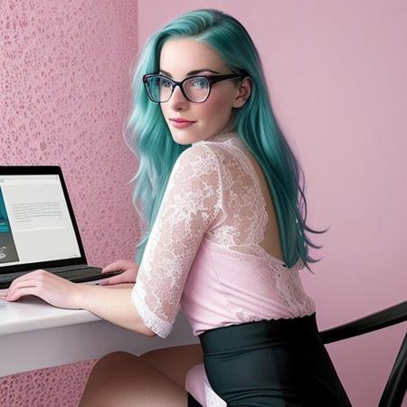 woman, pretty face, age 30, using a computer, glasses, perfect face, teal hair, light pink walls, full body view, sexy red lace, white and lavender decor, sexy pose, sexy, photorealistic