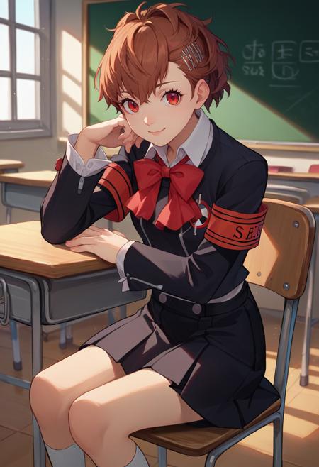shiomi kotone, hairclip gekkoukan high school uniform, black jacket, red bow, armband, long sleeves, black skirt, headphones, digital media player