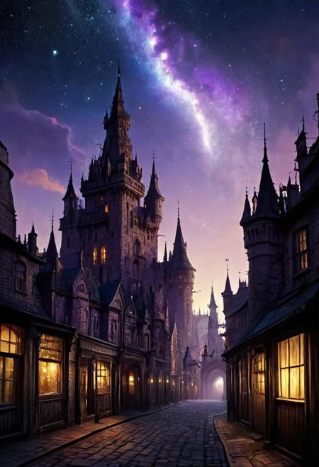 score_9, score_8_up, score_7_up, celestial promenade, the horror of stars, twilight sunshine, cityscape masterpiece, realistic, best quality, cosmic horror, Style-Volumetric, MJgothic, bright horror, s0lar, castle, blue and purple sky, city streets, spires, stone buildings