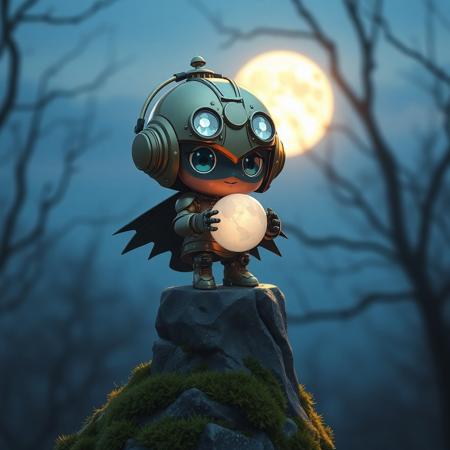 olbks  A chibi-style robotic sorceress perched atop a mossy stone pedestal at blue hour, her petite frame made of polished bronze and crystal lenses; soft moonlight creates gentle reflections across her orb and tiny articulated fingers. Style reminiscent of a high-end anime key visualâkawaii, magical, with refined lighting contrasts.