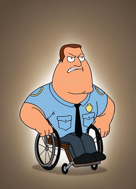 score_9, score_8_up, score_7_up, score_4, score_5, source_cartoon,
joeswanson, man, brown hair, wheelchair, police uniform, rifle, angry, abstract background,
<lora:FamilyGuyCombined_Pony_v2:1>