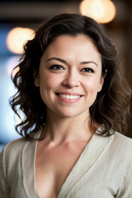 photo of TatianaMaslany2, looking at the camera, simple background, , detailed face, smile, intricate, soft lighting, masterpiece, beautiful,