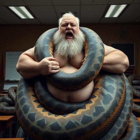 The image is a high-resolution photograph featuring a colossal, beefy, morbidly obese, burly, muscular, bodybuilder orthodox jewish man standing confidently and moaning in pleasure in a classroom setting. The man has a rugged, well-groomed appearance, light white hair and a trimmed heavy beard.  his massive body completely engulfed by the powerful coils of a  giant massive  anaconda snake. the snake wraps around one man in a perfectly symmetrical manner, its huge coils winding tightly from head to toe, squeezing their bodies with crushing force. The man’s arms, legs, torsos, and necks are covered by the snakes, leaving only their bearded faces exposed. . The man's bearded face is the only part left exposed . The man's face is turning red, capturing the moment of intense struggle. aoround de scene, thousands os massive anacondas