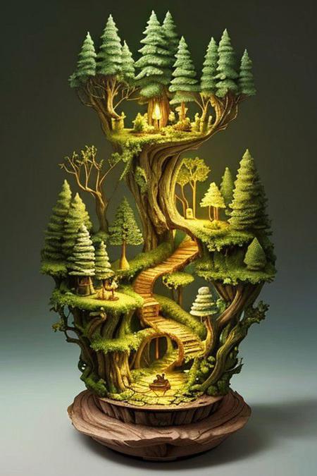 A masterpiece in the form of a wood forest world inside a beautiful, illuminated miniature forest