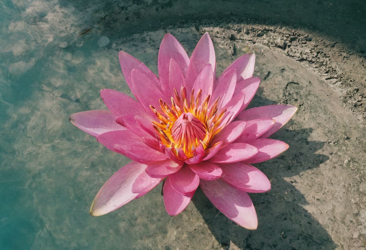 leica m3, 35mm Voigtlander lens, Portra 160/400, photo of a beautiful pink water lily in a completely demolished and destroyed swimming pool, drone camera view from distance,high contrast, sunlight, fashion magazine cover