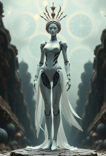 Spectacular photograph, cinematic, science fiction, ethereal, completely porcelain clockwork woman standing in defiance, abstract idyllic science fiction background.