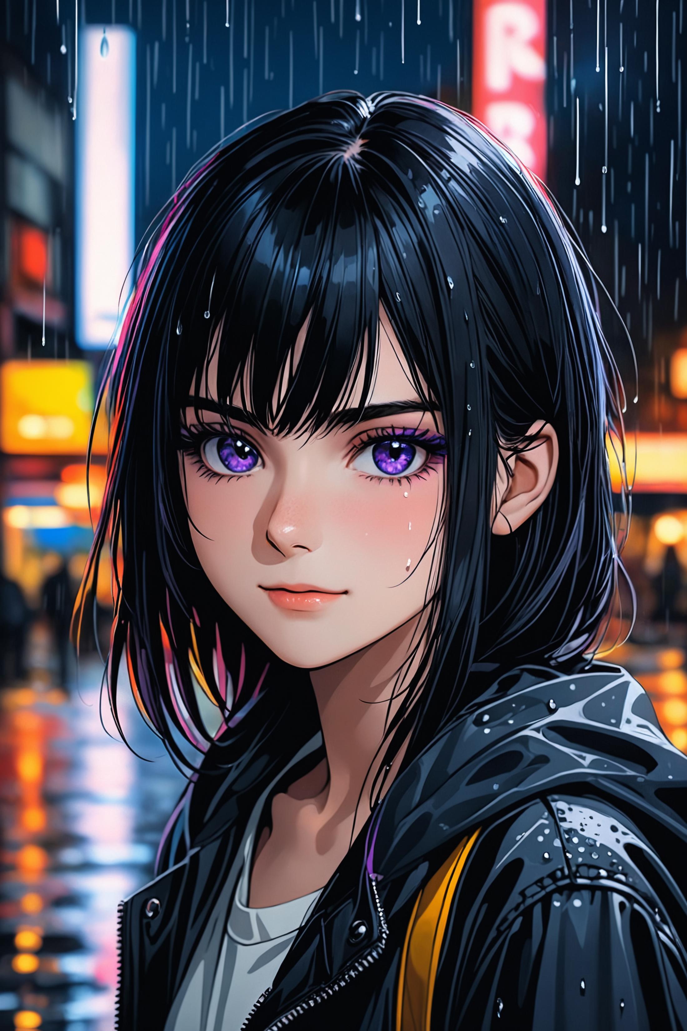 Anime Girl with Purple Eyes and Black Hair Wearing a Black Raincoat